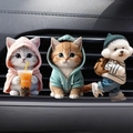 Three cute animal figurines in colorful hoodies on car air vent, creative cat car decor - Blue Cat + Pink Cat + Backpack Dog (Set of 3)