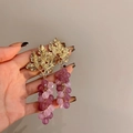 Close-up of gold leaf stud with purple and pink frosted beads in a grape cluster design - Purple Grape Bunch Gradient Matte Stud (11# Silver Needle)