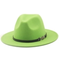 Detail of neon green fedora hat featuring black leather band and silver metal buckle - M (56-58cm) / Fruit Green