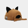 Detail of brown canvas dockers hat with cute cat ears and adjustable metal buckle - Camel with Patch