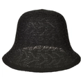 Detail of black woven crochet bucket hat showing the breathable hollow lace pattern - Black