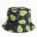 Close-up of funny cartoon avocado patterns on black cotton canvas bucket sun hat - Smiley Avocado Black