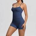 Detail of navy blue two-piece yoga set with racerback camisole and high-waisted shorts - Navy Blue