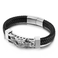 Pulsera para hombre de cuero trenzado negro con engranajes de acero y cierre magnético - 19cm / Estilo Punk de Engranaje (KB137397-KFC) / Color Acero