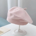 Baby pink knitted beret hat with ribbed texture for infants and toddlers on stand - Plain Knit Beret / Pink