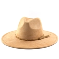 Close-up of camel wide-brim fedora hat with woven rope band and tassel details - M (56-58cm) / Camel