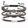 Dreiteiliges Hamsa-Hand-Perlenarmband-Set mit bunten Zirkoniasteinen in Gunmetal-Optik - Gun Black 3-teiliges Set Kombination