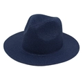 Detailed view of dark blue Panama fedora hat featuring fine woven texture and indented crown - One Size / Navy Blue