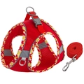 Red reflective dog harness and leash set with breathable mesh and plaid trim details - Red with Lattice Trim