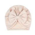 Detail of baby turban hat featuring pink and white striped ribbed fabric with a big bow - Off White
