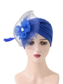 Blue pleated turban hat featuring a large mesh flower with feathers and a sparkling rhinestone - One Size / Rhinestone Mesh Flower Style / Blue
