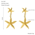 Detail view of 18k gold plated stainless steel starfish earrings with dimension specs - Starfish Drop Earrings (ZE1681G) / Gold