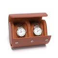 Brown PU leather watch travel case for 2 slots with soft camel suede lining and snaps - 2 Slots Litchi Brown