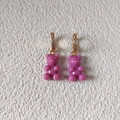Y2K style purple gummy bear earrings with gold rhinestone encrusted hoops - Rose Red
