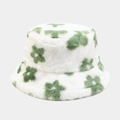 Close-up of white plush bucket hat featuring green floral patterns for winter warmth - M (56-58cm) / Green