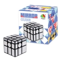 Silver brushed mirror cube puzzle with black base and its branded packaging box - FX7739 3x3 Mirror Cube / Mirror Silver