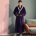 Thick violet coral fleece long bathrobe for men with white shawl collar and waist belt - Purple (Men's)
