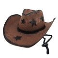 Brown western cowboy straw hat with black star patterns and adjustable chin strap - M(56-58cm) / Coffee