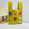 Green knit tote bag with colorful 3D crochet flowers and Hildi brand label - Colorful Small Flowers Lemon Yellow