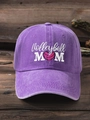 Close-up of Volleyball MOM embroidery on a vintage purple washed cotton baseball cap - One Size / Purple