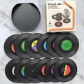 Lot de 12 dessous de verre rétro vinyle avec étiquettes colorées et support noir - Boîte blanche (Avec support, 10.5cm)