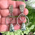 Handmade silver oval earrings with natural green ocean jasper stone and spiral metal detail - Silver Geometric Green Stone
