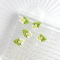 Gros plan de cinq mini fleurs de marguerites en résine et feuilles vertes pour le nail art - Blanc