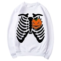 White long sleeve fleece hoodie with Halloween skeleton and pumpkin print design - S / Tops / White (Halloween Skeleton Pumpkin)