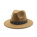 Close-up of camel wool fedora hat featuring a bohemian bead-embroidered leather band - Camel