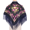 Detailed view of 90x90 ethnic scarf with pink and yellow floral prints and tassel fringe - Navy Blue
