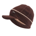 Dark brown knit visor beanie for winter with thick warm fleece lining and cable knit texture - Brown