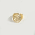 Gold plated ring with mesh pattern and central diamond on white background - Geometric Grid Style