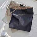 Detail of blue denim tote bag with gold embroidery and colorful beaded handles - Light Blue-Brown Strap