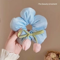 Chic blue silk scrunchie with pink tulip charms and green bowknot hair accessory - Blue Flower Pink Tulip Hair Tie