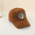 Detailed close-up of brown corduroy baseball cap with embroidered dinosaur and text - 52cm (2-6 Years) / Coffee