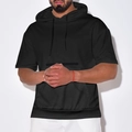 Detail of men's black hooded short sleeve shirt featuring breathable waffle texture fabric - S / Black