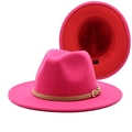 Detail of rose red wool fedora hat with red lining, leather band and metal buckle - Rose Red and Red