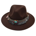 Ethnic style dark brown felt hat with colorful braided band and turquoise bead decoration - Kids One Size (54cm) / Coffee