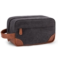 Detailed view of retro waterproof canvas toiletry bag with brown PU leather handle and trim. - Dark Gray