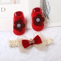 Set regalo neonato con calzini rossi a maglia con fiori e fascia corona in pizzo - Fiore 3D Rosso/Fiocco Corona