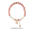 Strawberry crystal and iridescent bead bracelet with gold floral pendant - 14# Flower Zirconia Crystal Beaded Strawberry Quartz Bracelet