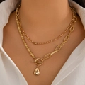 Double-layered gold necklace with beaded chains, OT buckle and irregular drop pendant - 02 Gold