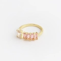 Detailed macro of gold adjustable ring featuring rectangular pink and white cubic zirconia - Adjustable Open / Pink