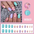Set unghie finte con motivi a margherita verde menta e lavanda, 24 pezzi totali - Stile floreale fresco (W869 con colla)