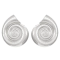 Macro shot of silver conch spiral stud earrings with textured carving on white background - Steel Swirl Shell (H-93)