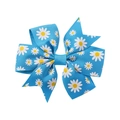 Close-up of blue grosgrain ribbon bow with white daisy floral print and texture - Light Blue Daisy