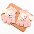 Guanti in maglia a righe rosa e bianche per bambini con simpatico animale e fiocco decorativo - Guanti in Maglia Coniglio 3D / Strisce Rosa/Coniglio