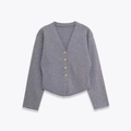 Gilet gris en maille à col en V avec manches longues et boutons dorés élégants pour femme - S / Gris