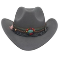 Gray wool felt cowboy hat with bohemian ethnic band, turquoise stone and tassels - One Size / Gray