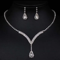 Detailed macro view of vintage silver necklace and teardrop rhinestone earrings set - 11# Water Drop V-Shape - Silver (2-Piece Set)